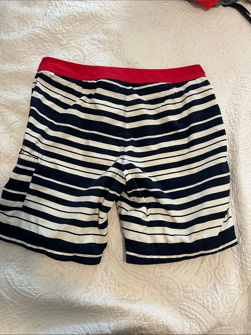J. Crew Navy and White Striped Swim Trunks with Red Waistband Size 34